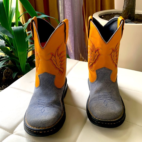 Double-H Deep Yellow Leather and Denim Western Roper Boots - Picture 1 of 8